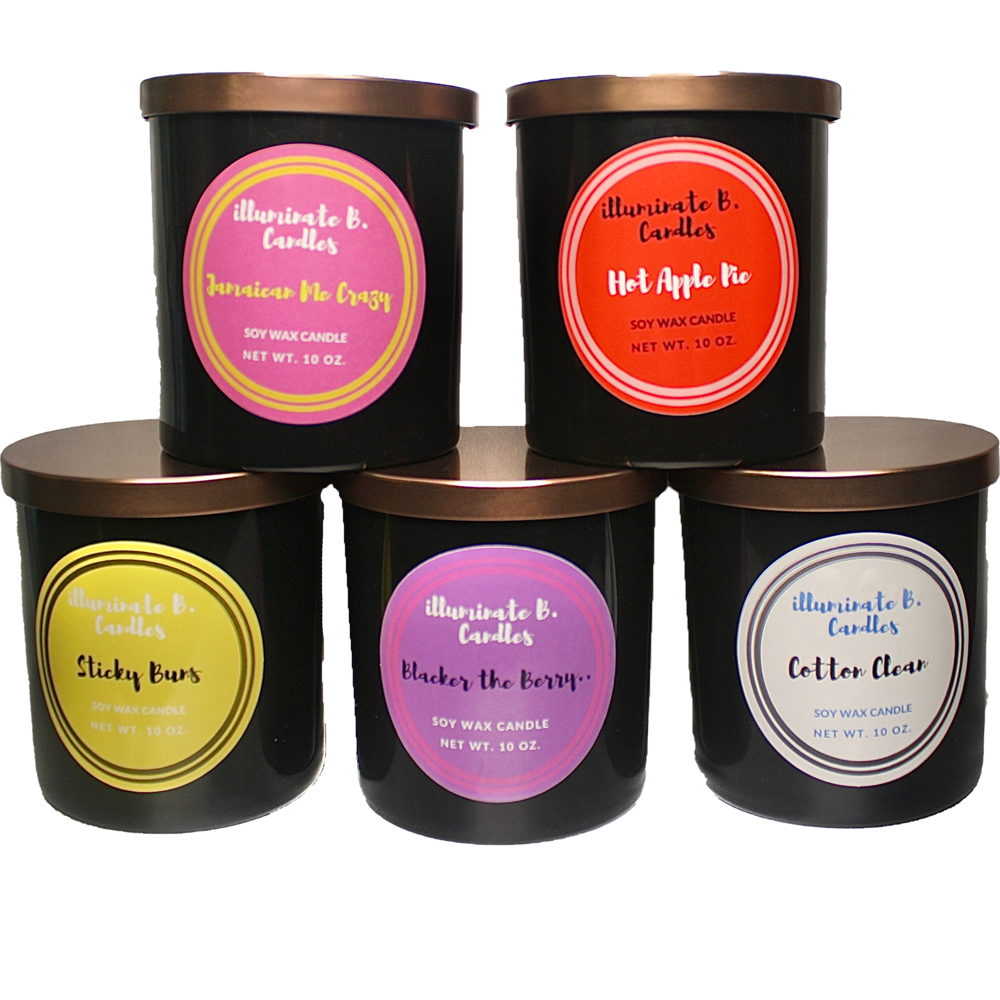 Fantastic Five Bundle includes Jamaican Me Crazy, Hot Apple Pie, Sticky Buns, Blacker the Berry, and Cotton Clean Soy Candles from illuminate B. Candles