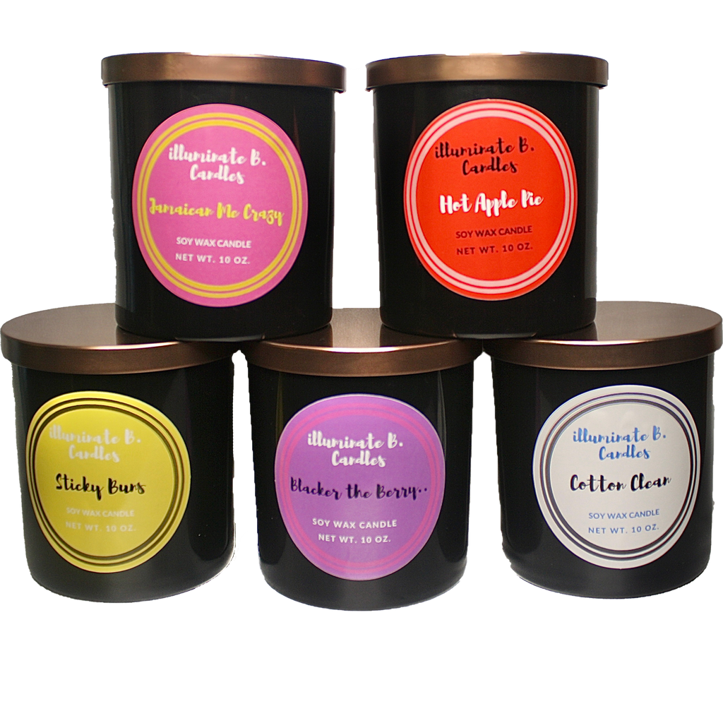 Fantastic Five Bundle includes Jamaican Me Crazy, Hot Apple Pie, Sticky Buns, Blacker the Berry, and Cotton Clean Soy Candles from illuminate B. Candles