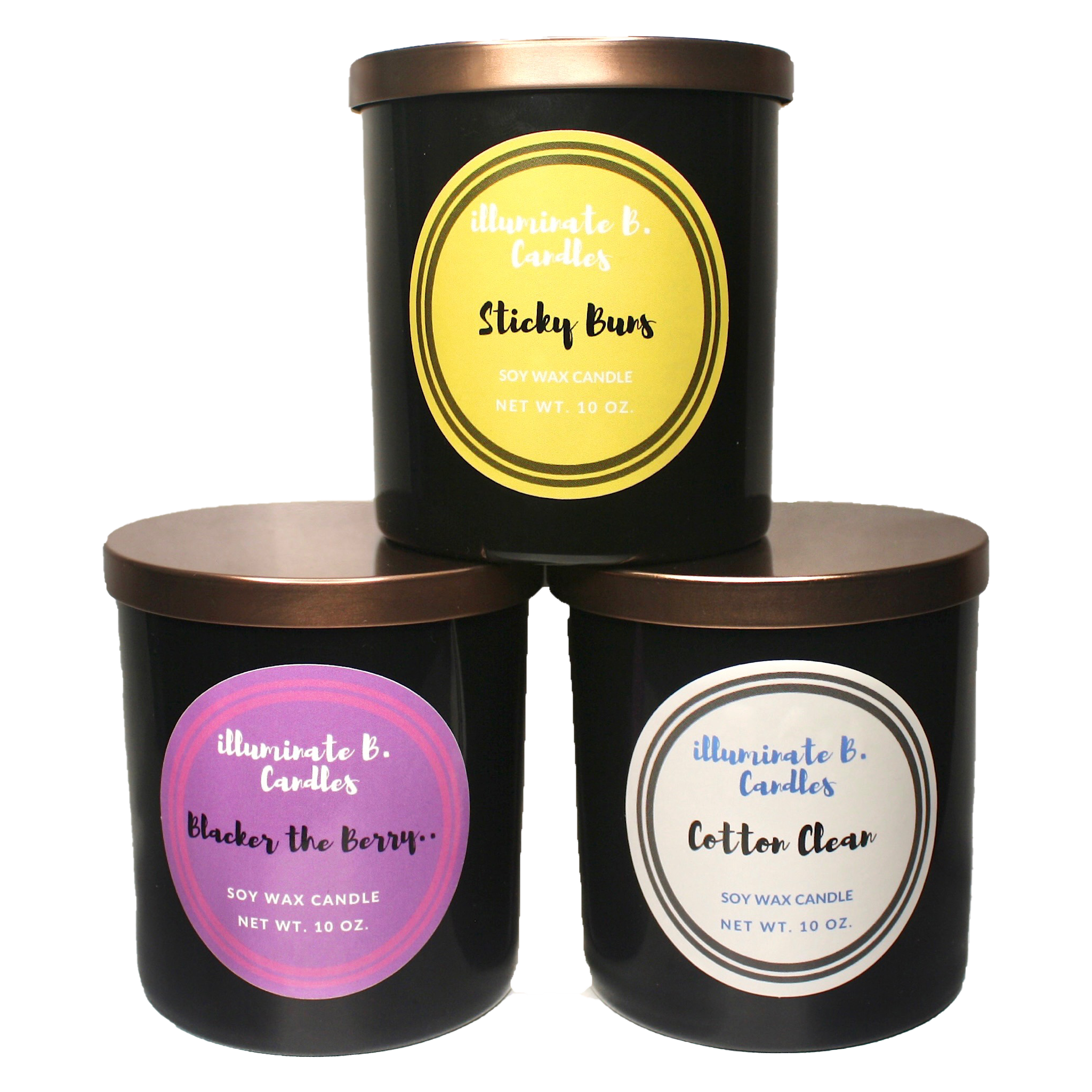 Sweet & Clean Bundle includes Sticky Buns, Blacker the Berry and Cotton Clean from illuminate B. Candles