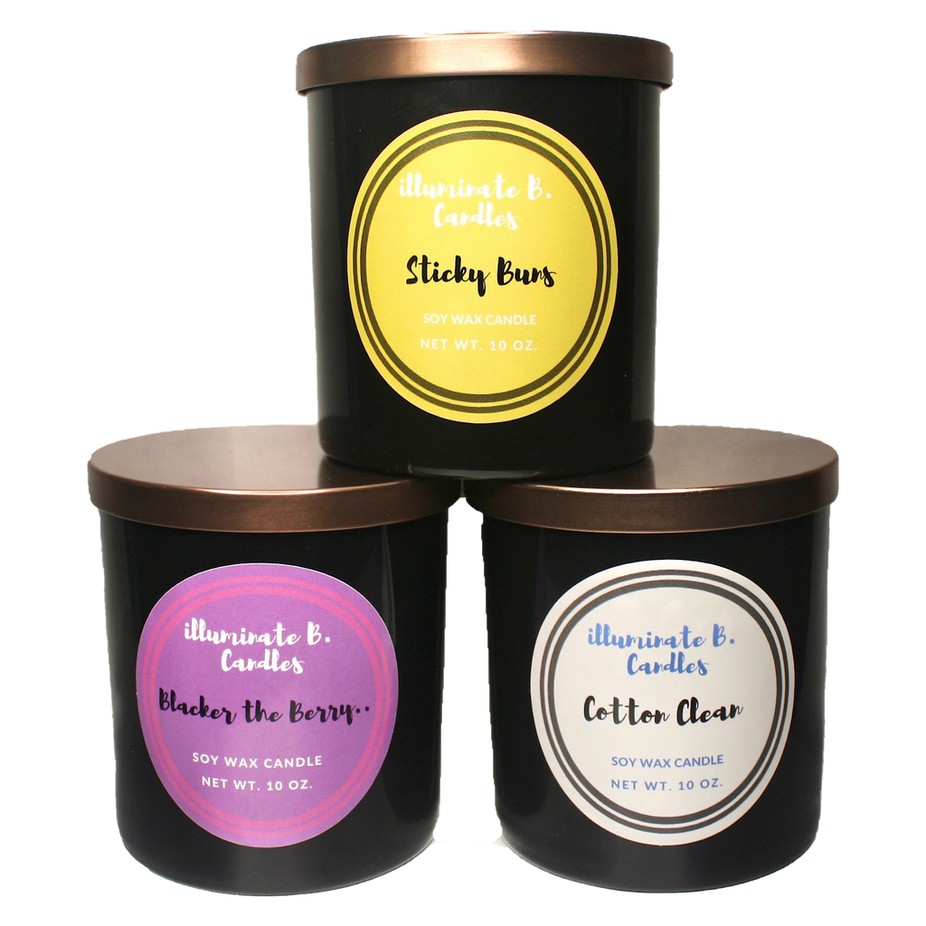 Sweet & Clean Bundle includes Sticky Buns, Blacker the Berry and Cotton Clean from illuminate B. Candles
