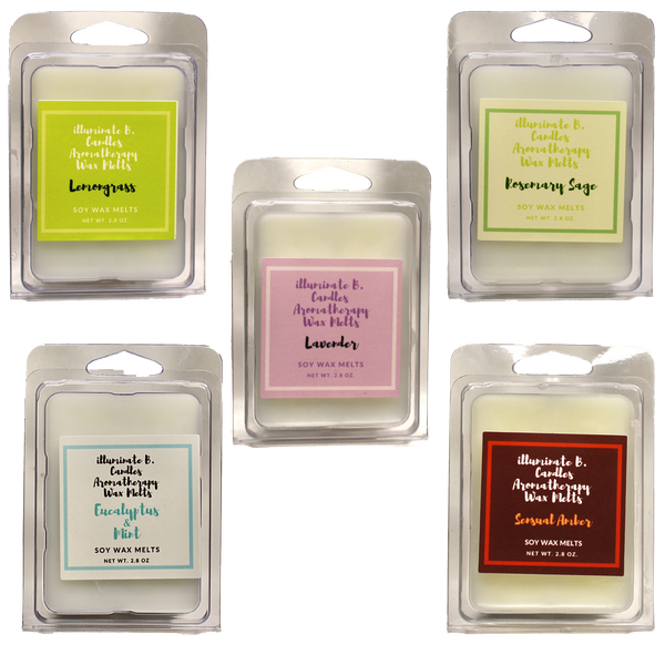Bundle of 5 Aromatherapy Wax Melts (lemongrass eucalyptus and mint, rosemary & sage, sensual amber, and lavender) from illuminate B. Candles