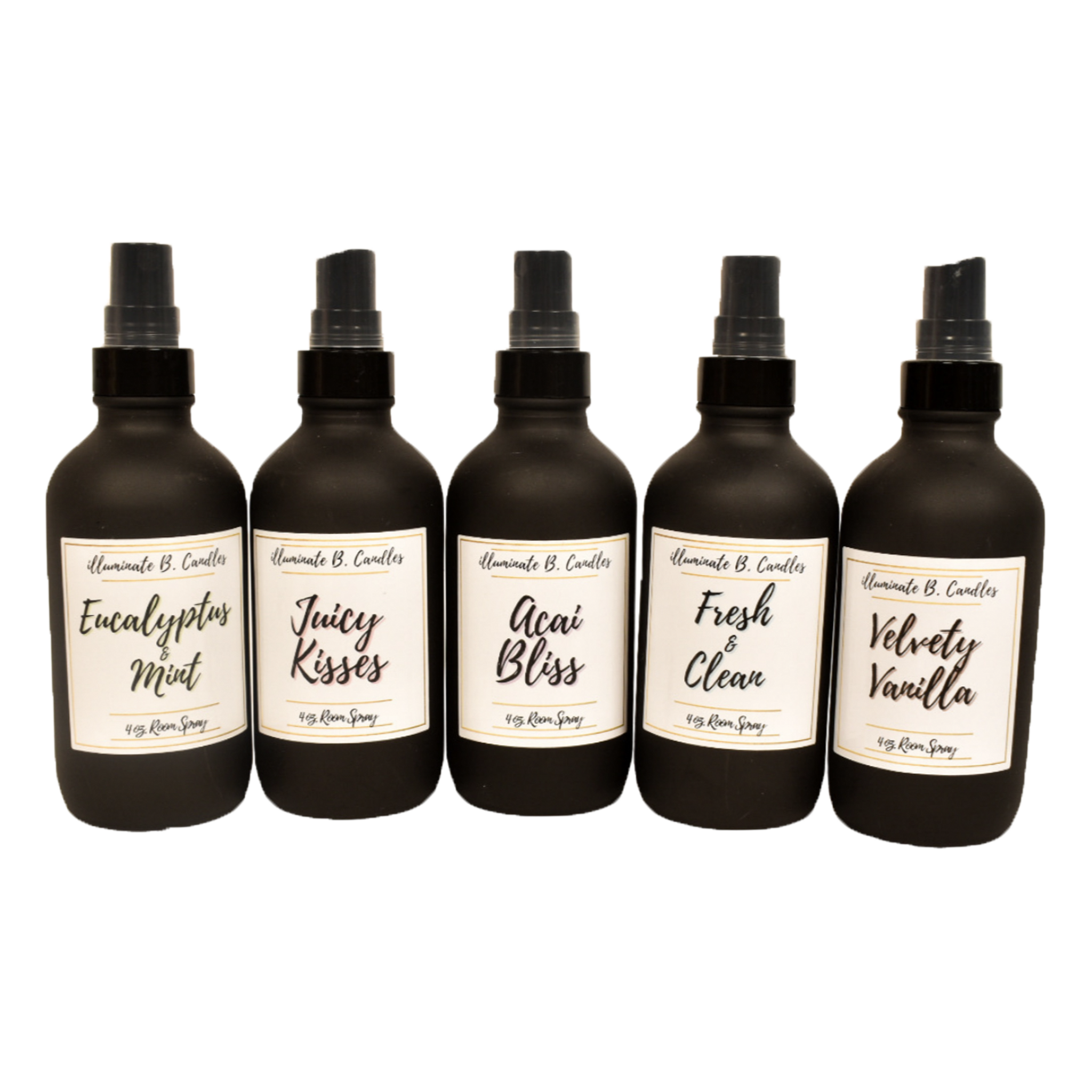 Room Spray Bundle includes 5 room sprays: eucalyptus & mint, juicy kisses ,acai bliss, fresh and clean, and velvety vanilla from illuminate B. Candles