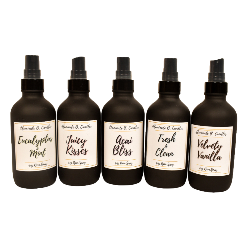 Room Spray Bundle includes 5 room sprays: eucalyptus & mint, juicy kisses ,acai bliss, fresh and clean, and velvety vanilla from illuminate B. Candles